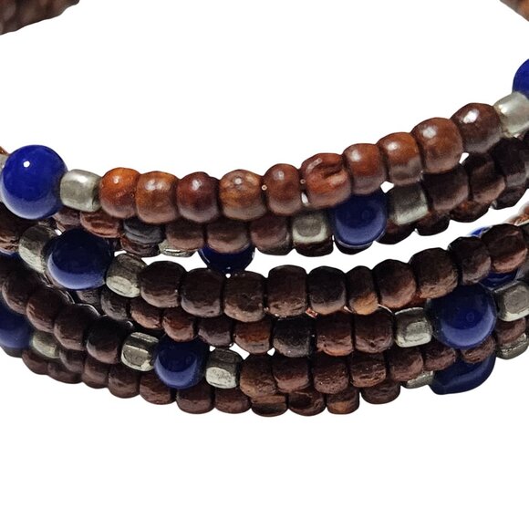 Handmade Boho Brown Blue Seed Beaded Multi Strand Coil Bracelet Retro Fashion - Picture 2 of 5